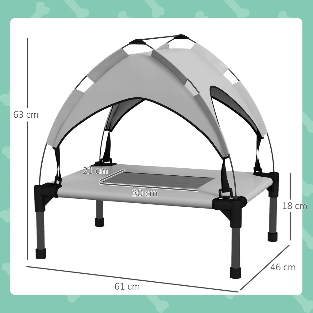 PawHut Łóżko dla psa z baldachimem na zewnątrz, przenośne, wodoodporne, do 30 kg, 61 x 46 x 63 cm, Jasnoszary