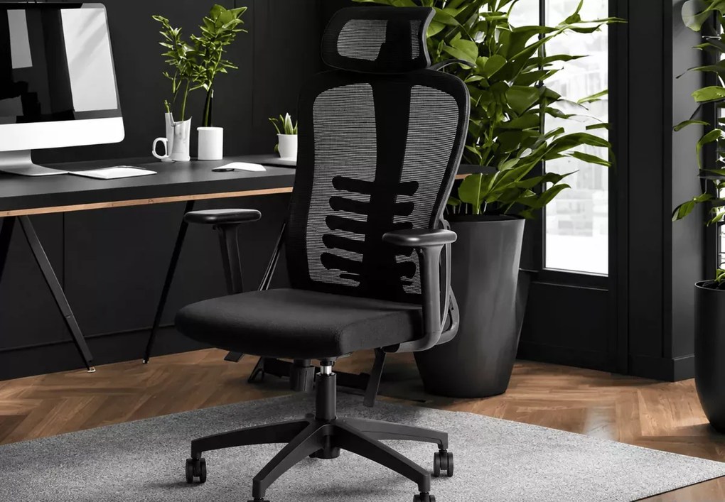 Ergonomiczny fotel burowy obrotowy Komoso – regulowany zagłówek, podłokietniki 3D