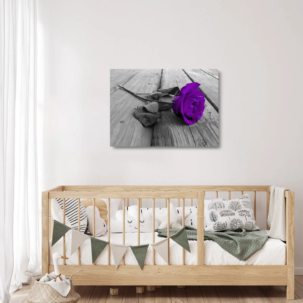Obraz na szkle - Fioletowa róża z zieloną łodygą (70x50 cm)