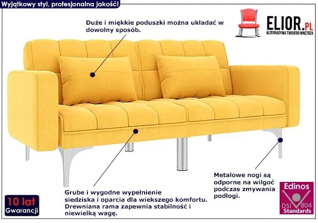 Rozkładana żółta kanapa z poduszkami - Harris