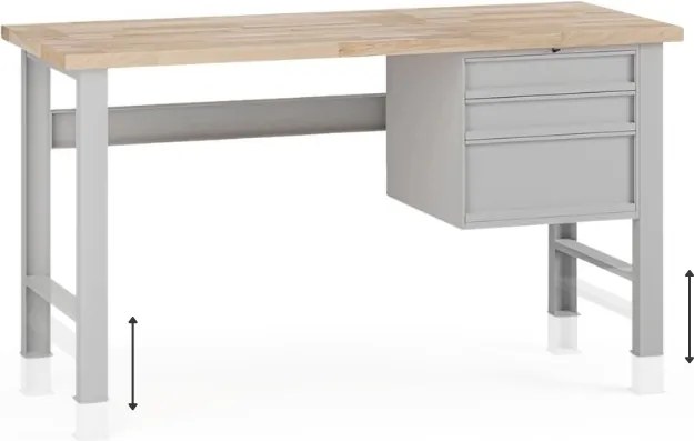 Stół warsztatowy z regulacją wysokości G7, blat bukowy, 1700 x 685 x 840-1040 mm, 1x kontener, 3x szuflada, szary