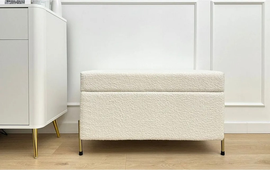 Kremowa tapierowana ławka Dancan BORGO z pojemnikiem -boucle