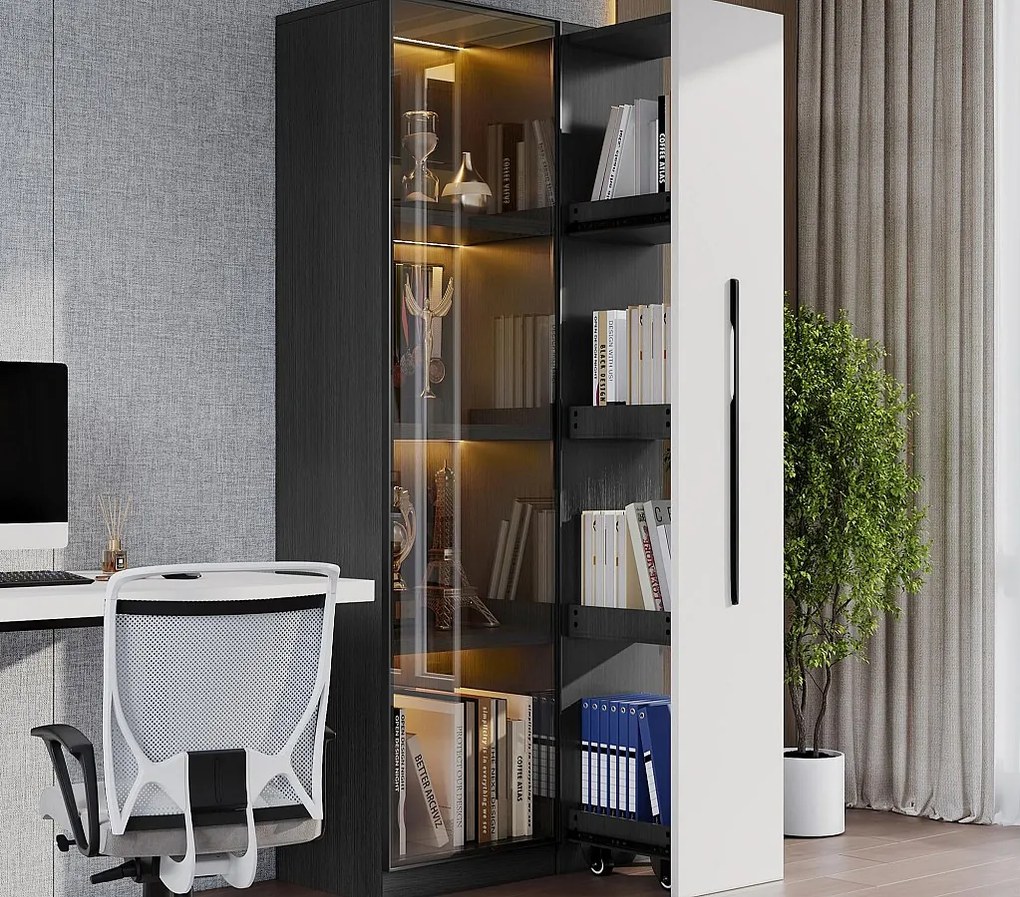 Mobilna witryna 70x40x160 cm - Biblioteczka - Oświetlenie LED - 1 drzwi szklane i 1 szuflada - z kółkami - MDF - Czarny i biały