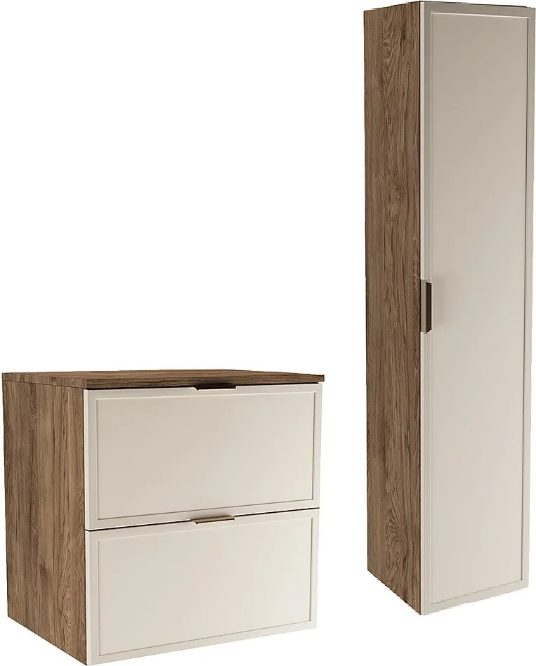 Zestaw do Łazienki 60cm Szafka z Blatem Słupek Fronty Ramka Dąb Orzech / Kaszmir Roma