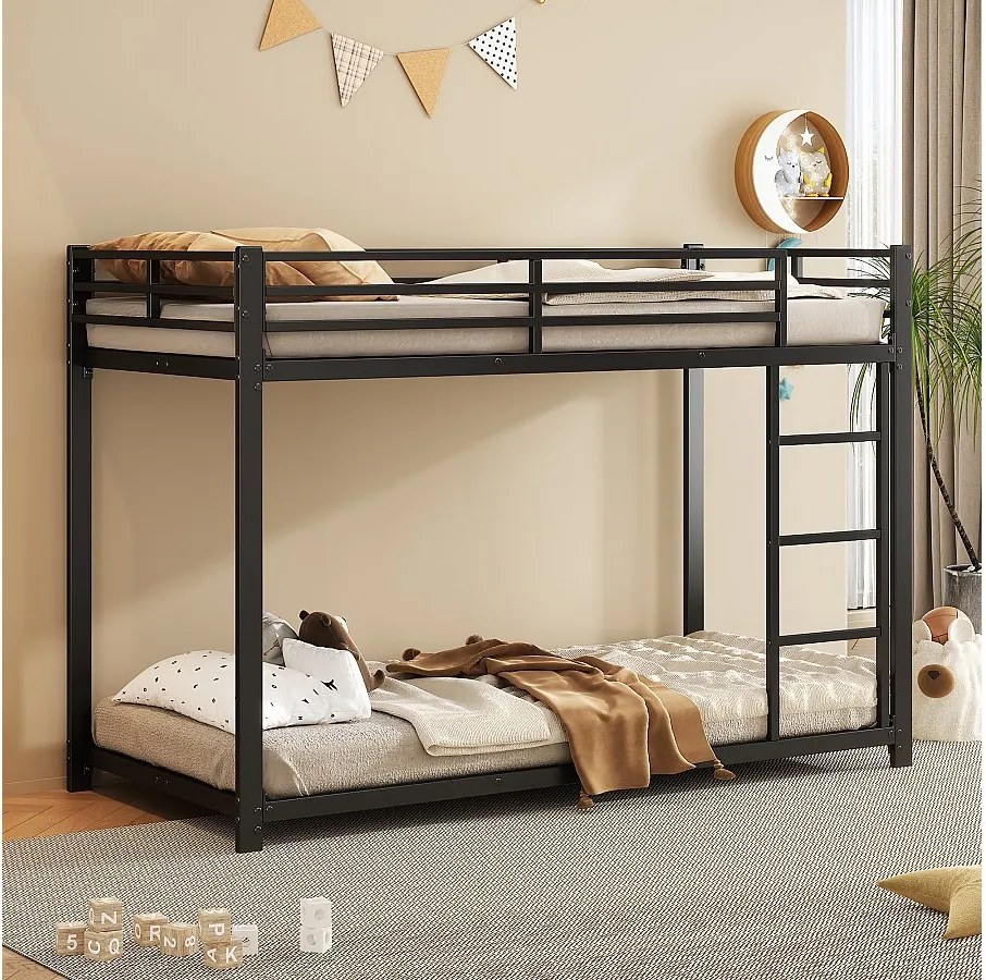 Łóżko piętrowe 90x200 cm - z stelażem - metalowe - czarne - bez materaca