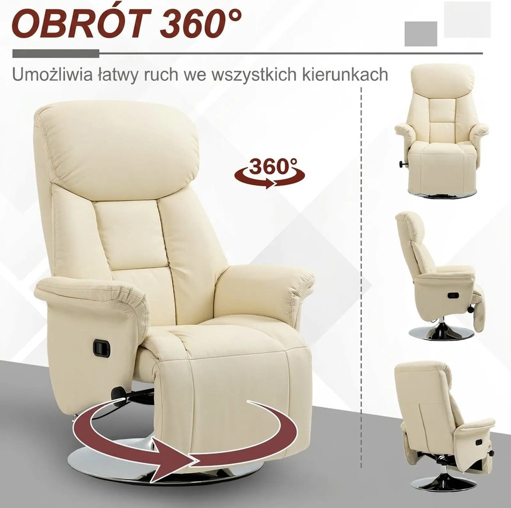 HOMCOM Fotel relaksacyjny, funkcja leżenia, wygląd skóry, podnóżek, do 150 kg, 78 x 80 x 109 cm, Kremowy | Aosom PL