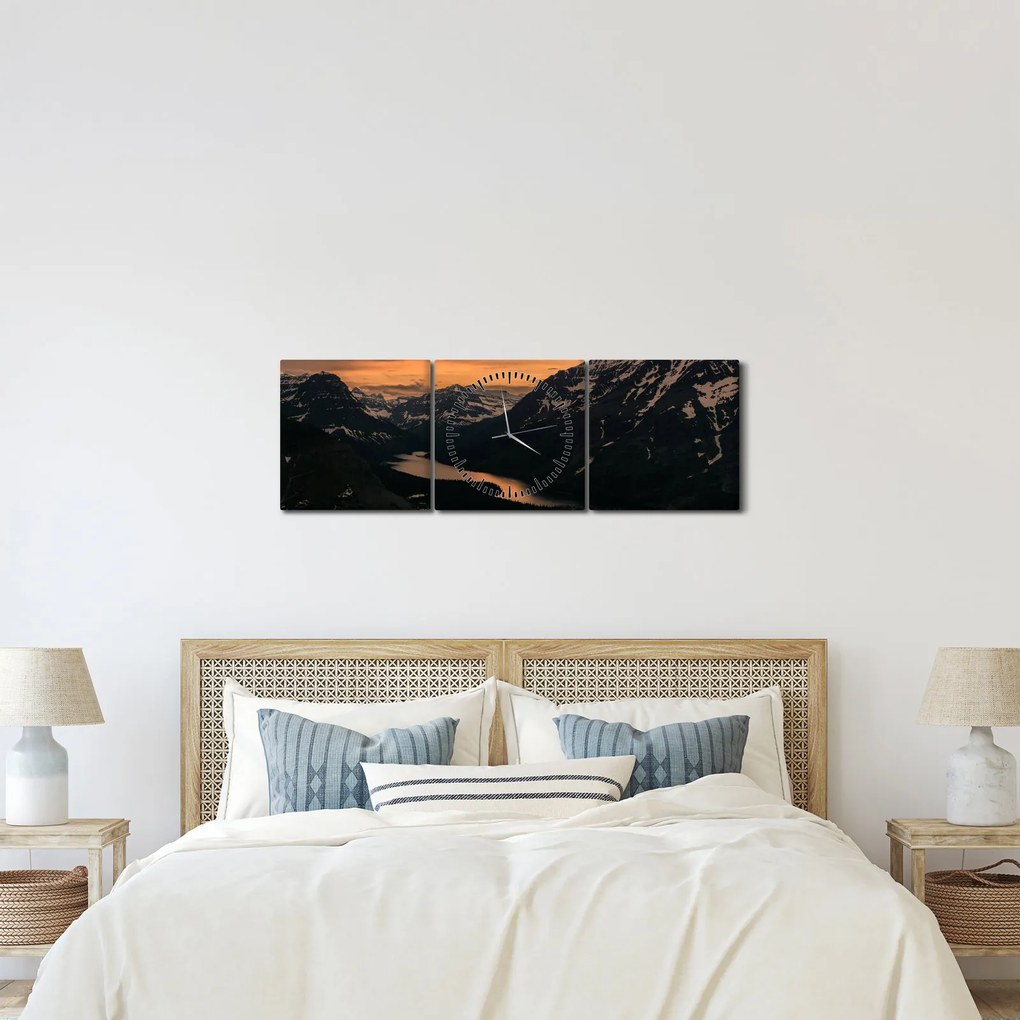 Obraz jeziora między górami (z zegarem) (90x30 cm)