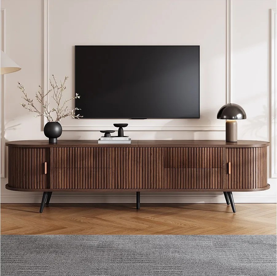 Szafka RTV owalna z pionowymi paskami - 180 x 40 x 45 cm - z 4 szufladami + 2 drzwiami przesuwnymi - MDF - ciemny orzech