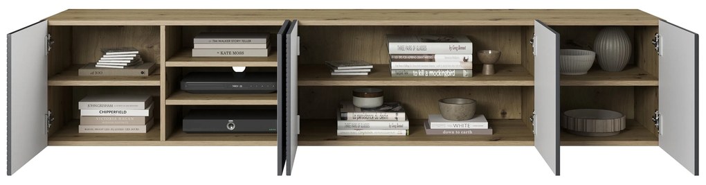Szafka RTV Asha 200 cm wisząca z ryflowanym frontem - artisan / rivier stone mat