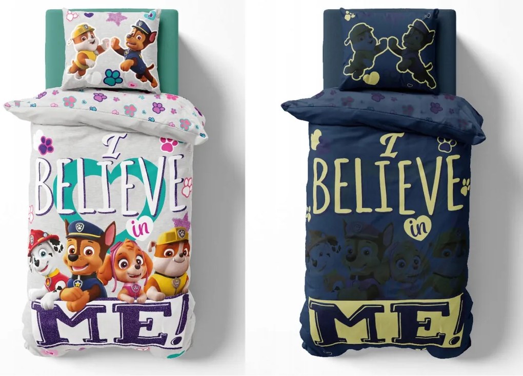 PrzytulneMieszkanie.pl PrzytulneMieszkanie.pl Świecąca pościel PAW PATROL Believe me szare Rozmiar pościeli: 70 x 80 cm | 140 x 200 cm