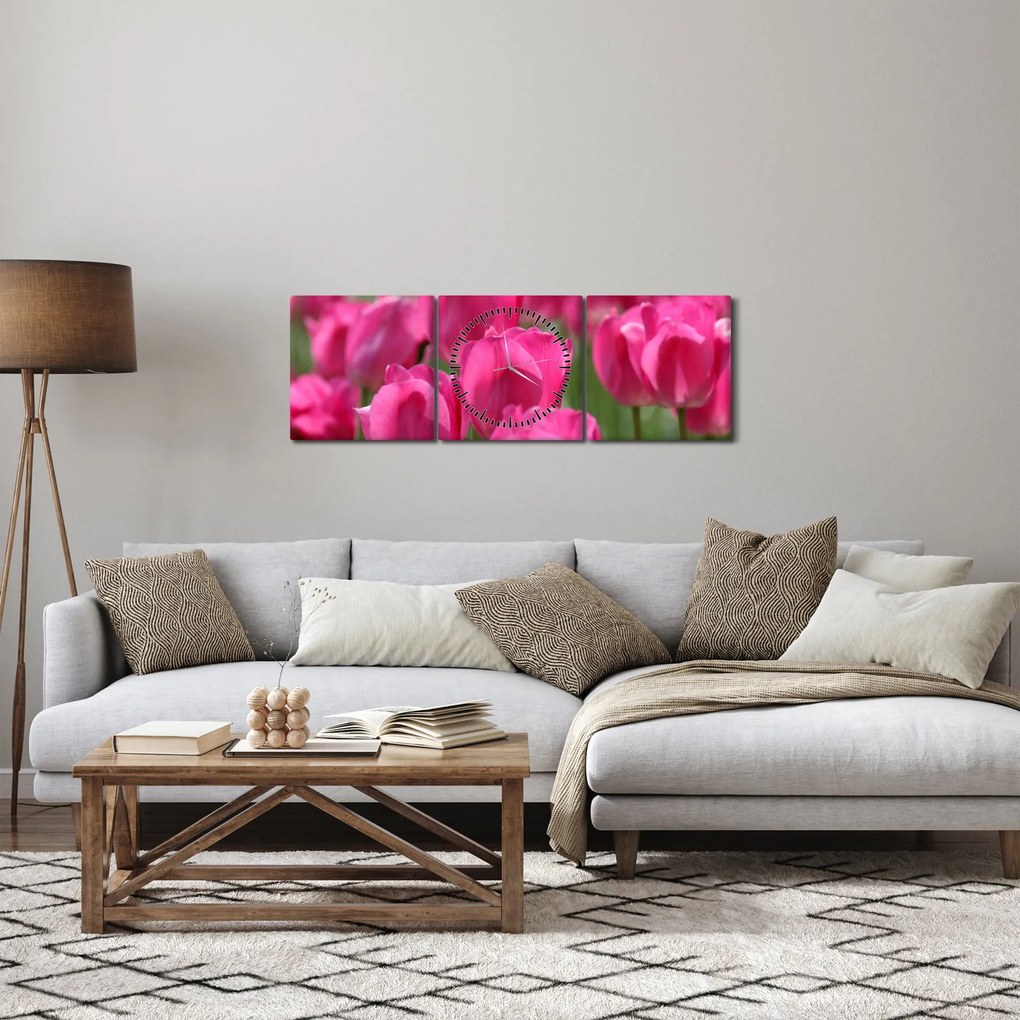 Obraz - Różowe tulipany (z zegarem) (90x30 cm)