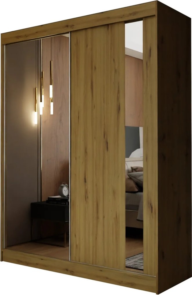 Szafa Przesuwna GRAZIA 150 cm z Lustrem Szafa Dwudrzwiowa Dąb artisan