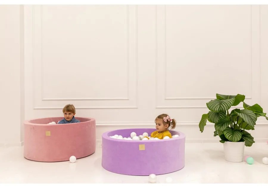 Okrągły suchy basen z piłeczkami 7cm dla dziecka, 90x40cm/300 piłek, welurowy, beżowy, piłki: srebrne, białe, transparentne - meowbaby®