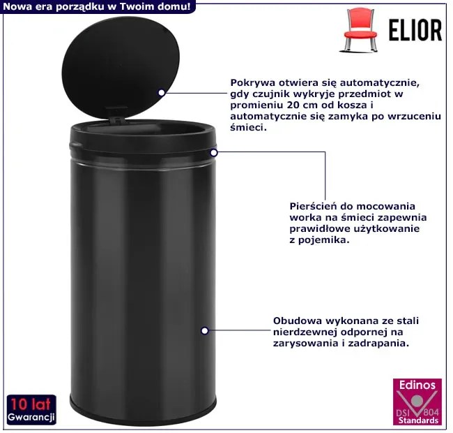 Nowoczesny czarny śmietnik z automatyczną pokrywą 60L S0-K81