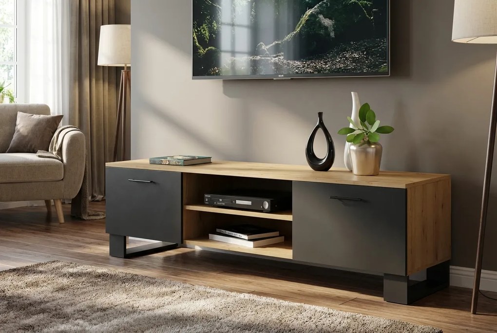 Loftowa Szafka Czarny Rtv 120 Cm Dąb Artisan + Skrzynia G0-T16