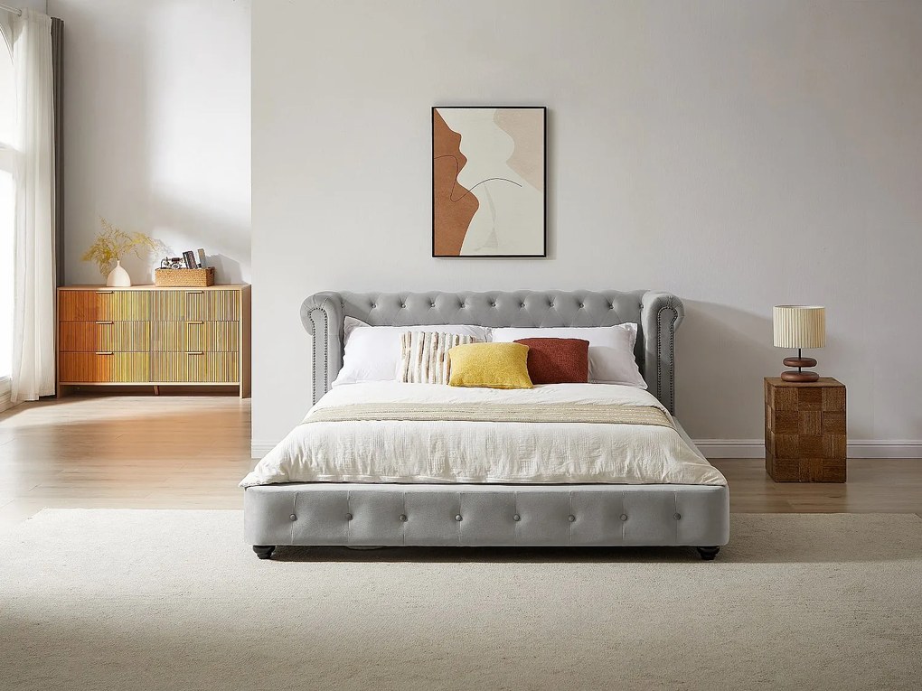 Łóżko chesterfield 180 x 200 cm - Welur - Jasnoszary - TONGERLA