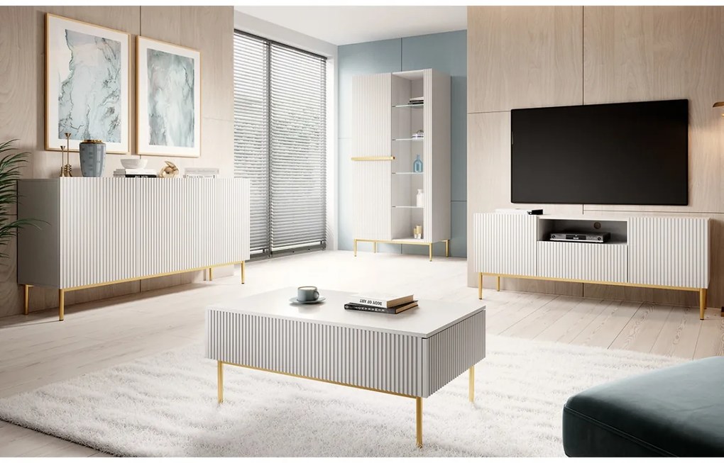 Witryna Nicole 100 cm z ryflowanym frontem - biały mat / złote nóżki