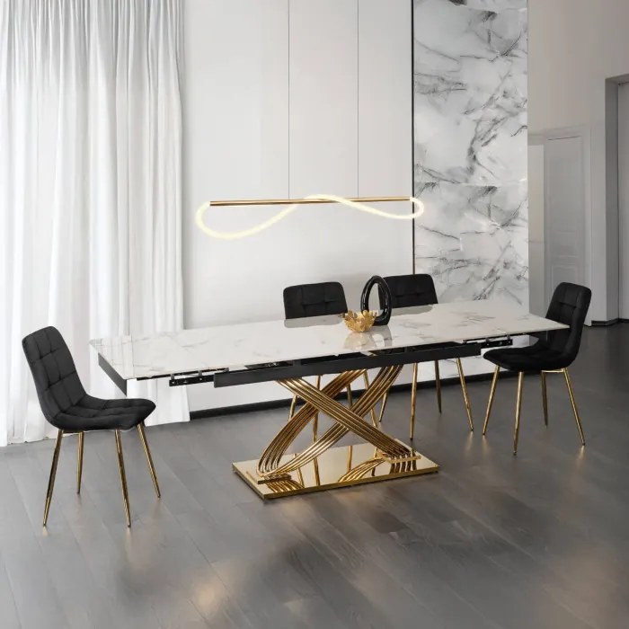 Stół Rozkładany Prostokątny IBIZA 160-240 cm Ceramiczny Biały Marmur/Złoty do Jadalni Nowoczesny Glamour