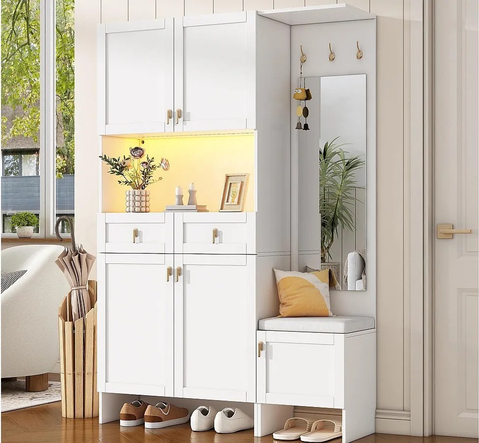 Nowoczesna szatnia wejściowa 120x33.5x180cm - z LED i lustrem - z ławką na buty i szafą na buty - z 2 szufladami i 5 drzwiami - Biały