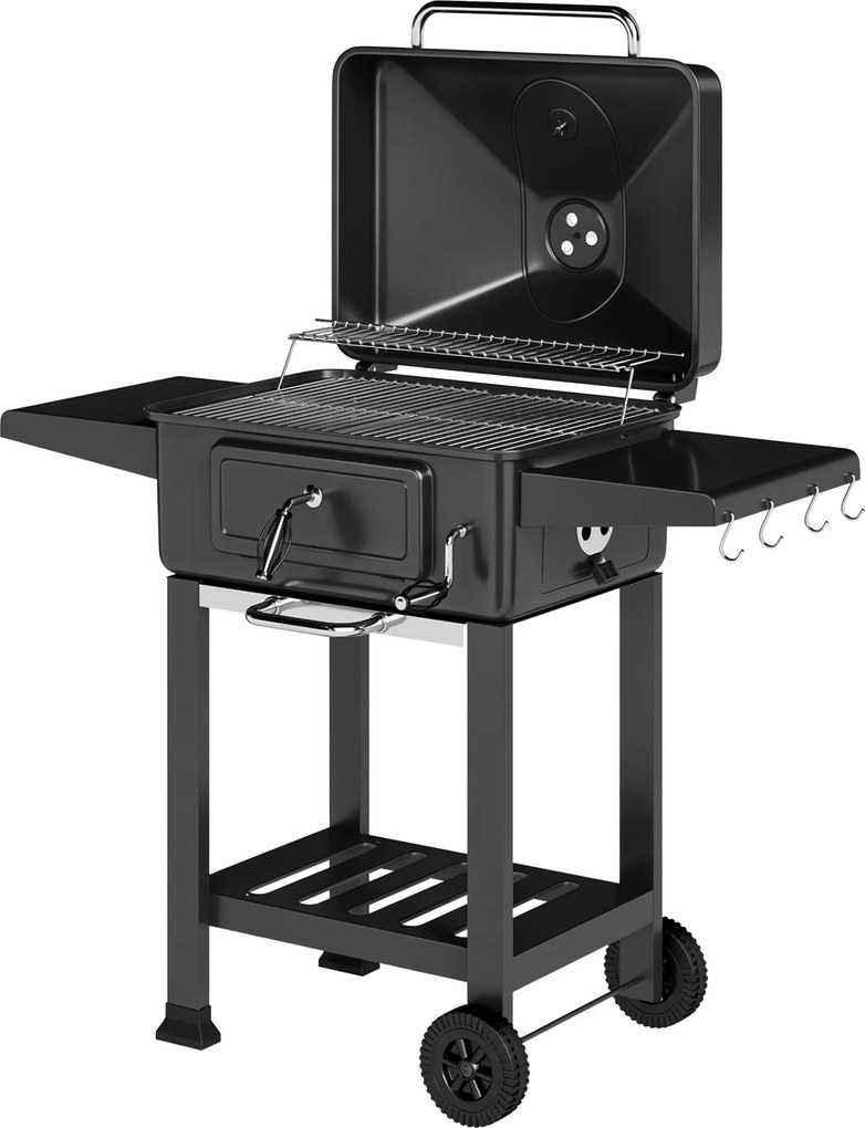 Outsunny Grill węglowy BBQ Smoker z pokrywą, termometrem, regulowaną tacą na węgiel, rusztem, bocznym stołem i szufladą na popiół | Aosom PL