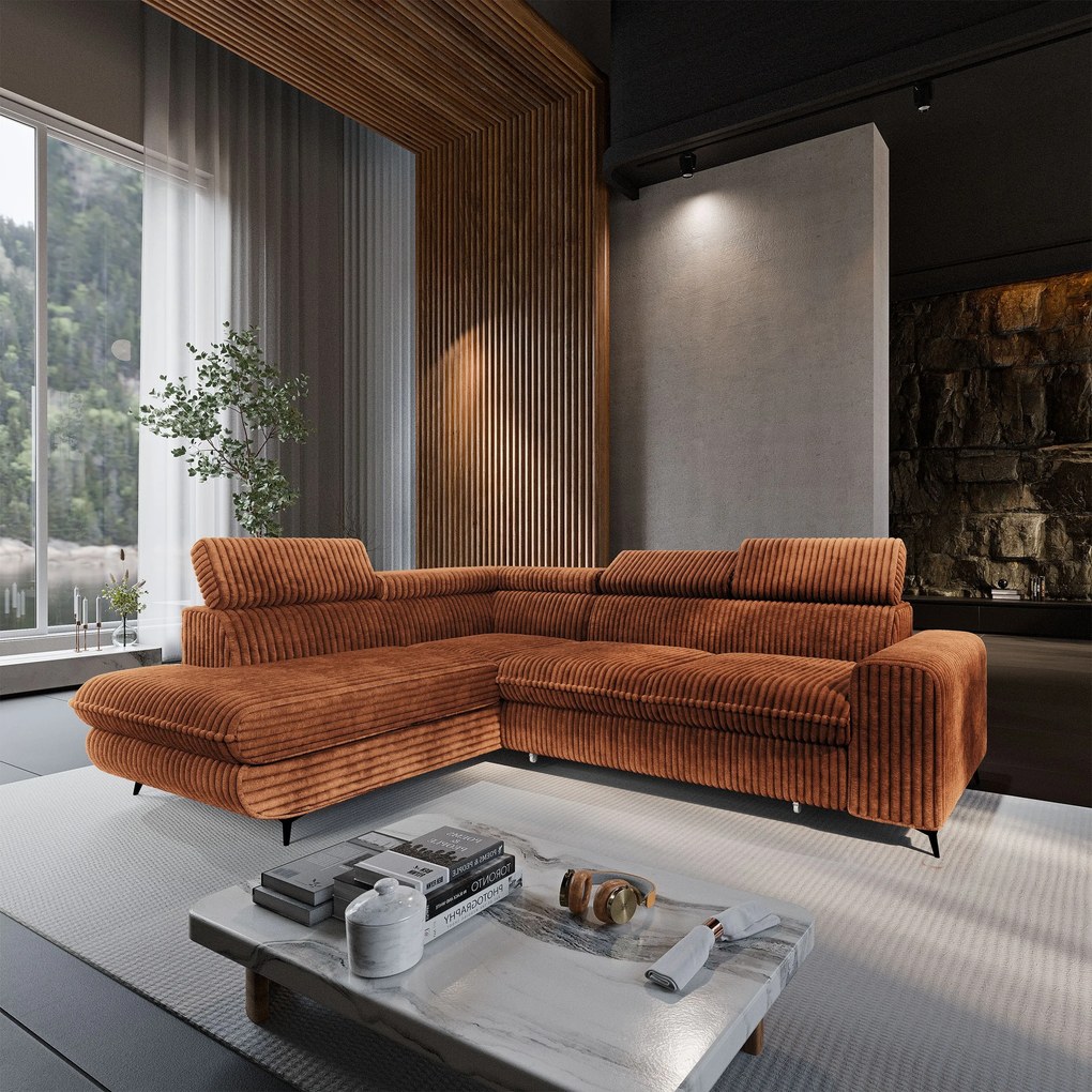 Masseno Narożnik VELISS z funkcją spania i pojemnikiem na pościel Rozkładana sofa do Salonu - Brązowy, TILIA 52