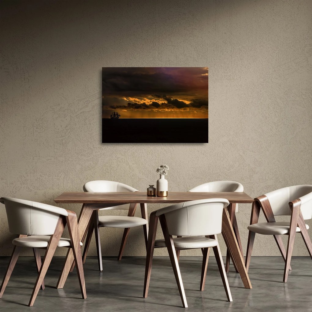 Obraz na szkle - żaglówka o zachodzie słońca (70x50 cm)