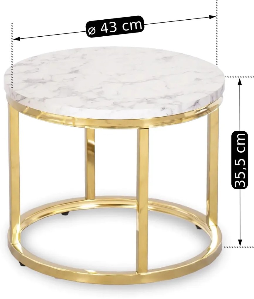 Zestaw Stolików Kawowych OLIS 43 cm/53 cm Biały Marmur Złoty do Salonu Glamour