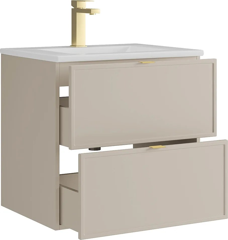 Wisząca szafka łazienkowa z umywalką wpuszczaną i baterią – beżowa – 60 cm – ONDIL