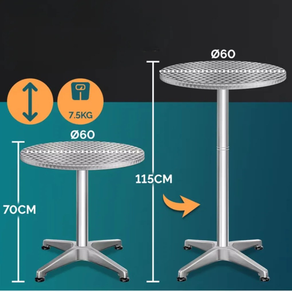 Casaria Regulowany aluminiowy stół barowy NERO Ø60 cm, srebrny