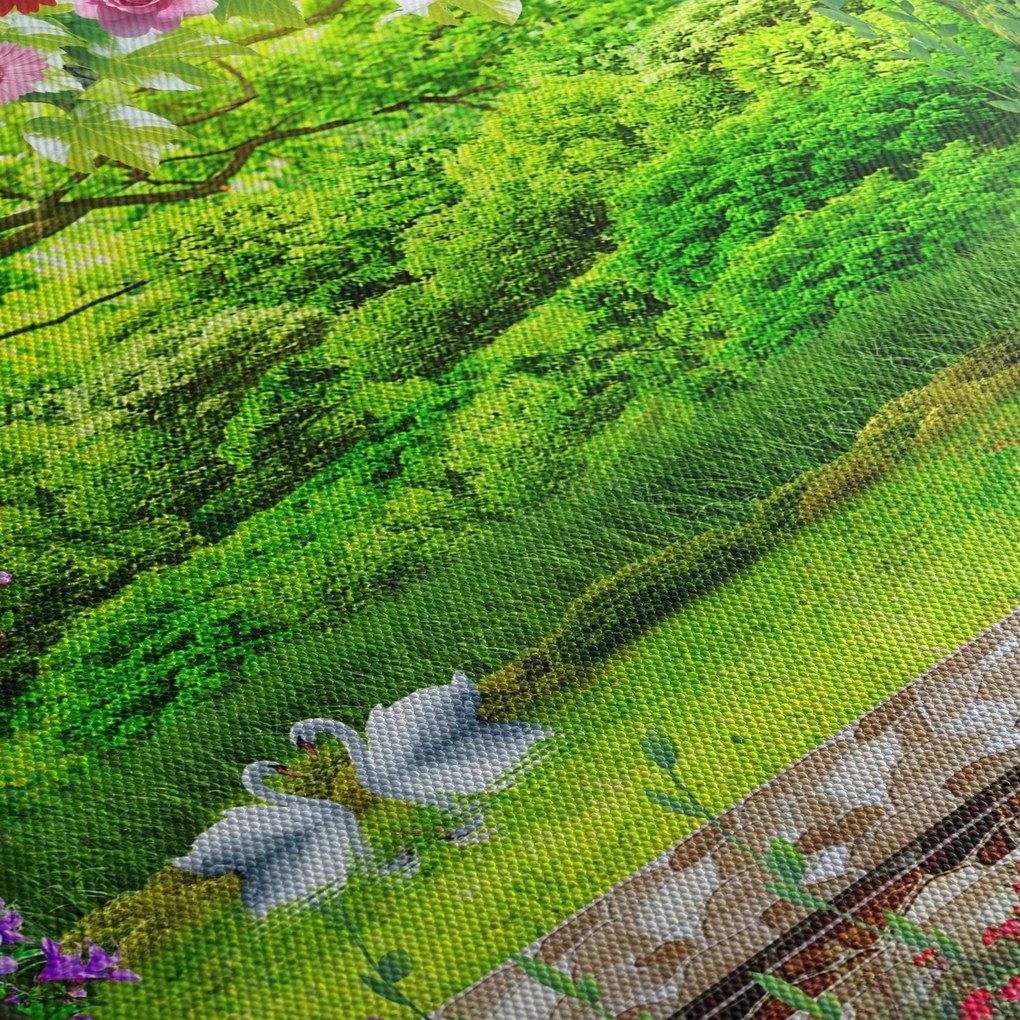 Obraz - Magiczny ogród z łabędziami (z zegarem) (90x30 cm)