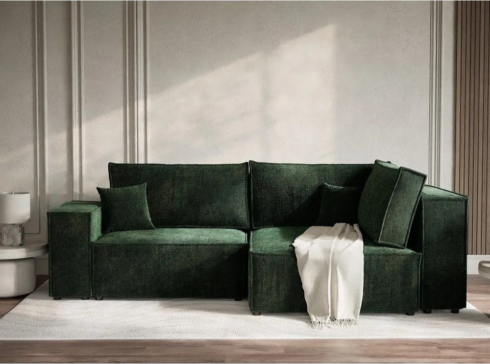 Ciemnozielony rozkładany narożnik ze schowkiem z tkaniny szenilowej (prawostronny/w kształcie litery L) Tonga – Maison de Rêve