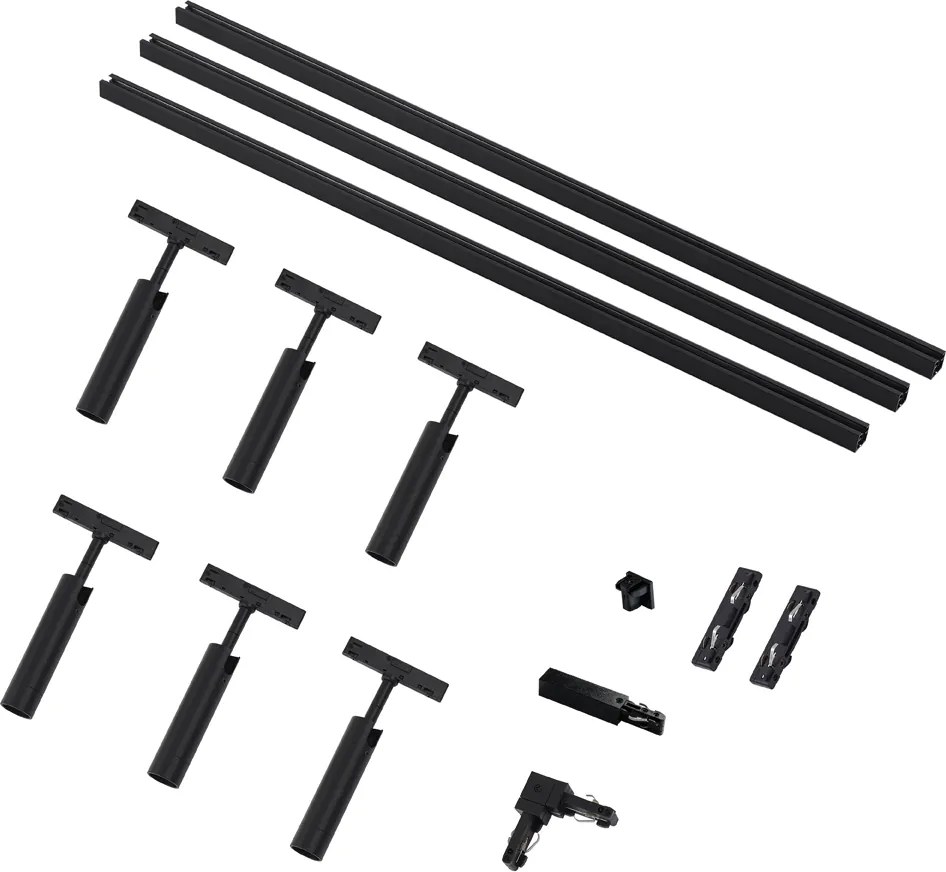 Nowoczesny system oświetlenia szynowego Slimline Uzzy z 6 czarnymi reflektorami jednofazowymi