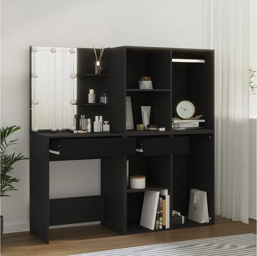 Toaletka z oświetleniem LED i szafkami do przechowywania w czarnym drewnie inżynieryjnym dla idealnej rutyny piękna