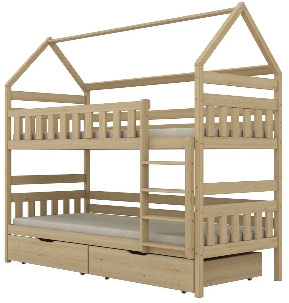 Łóżko piętrowe domek FELIKS 200x80 sosna lakierowana drewniane z szufladami KOCOT KIDS