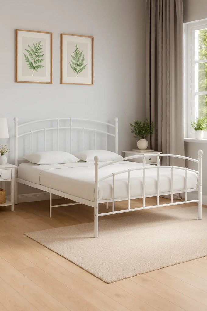 Białe metalowe łóżko z zagłówkiem 140x200 cm E0-S72