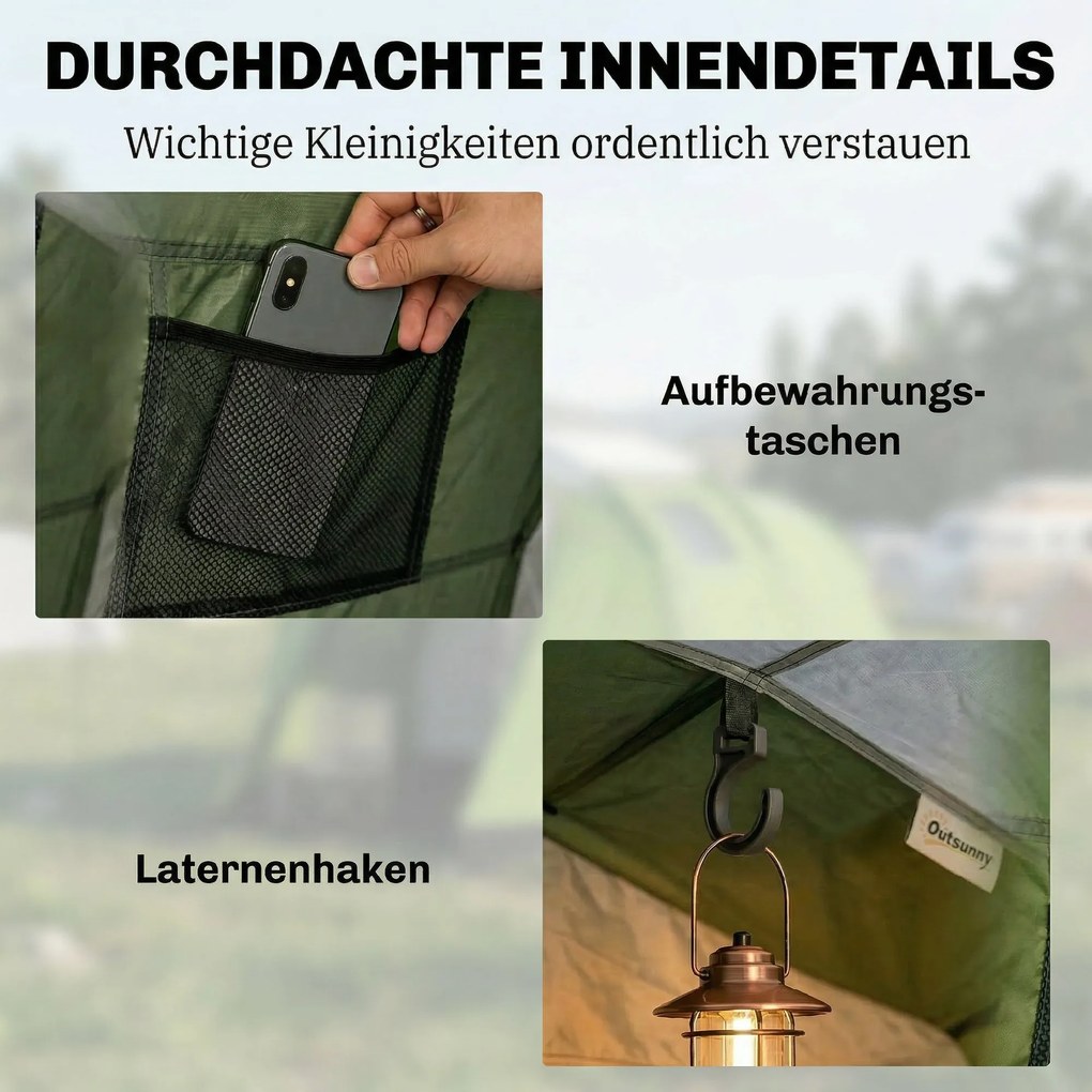 Outsunny Namiot kempingowy 3-4 os., stabilny, 3000 mm wodoodporny, namiot rodzinny z sypialnią i przedsionkiem, zielony | Aosom PL