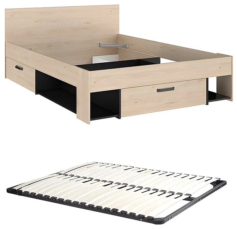 Łóżko 140 x 190/200 cm  ze skrzynią i - Naturalny i czarny + Stelaż - KINSELIA