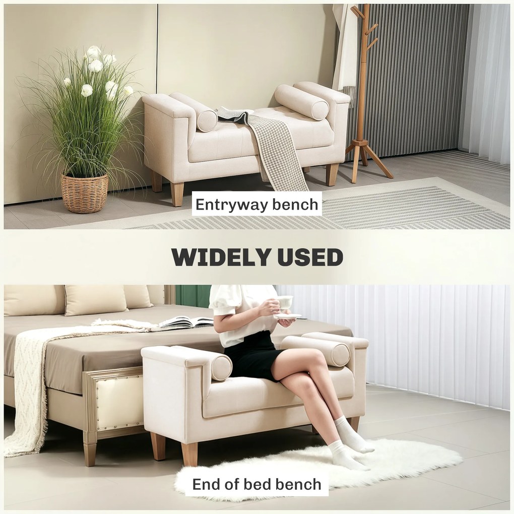 HOMCOM Ławka tapicerowana w stylu vintage z pokryciem z szenuilu, podłokietniki, 2 poduszki, ramka z drewna, ławka do sypialni, salonu, przedpokoju, 115 x 44 x 58 cm, Beżowy