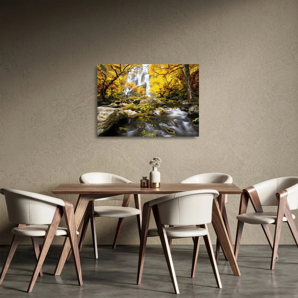 Obraz na szkle - Wodospady w jesiennym krajobrazie, żółty (70x50 cm)