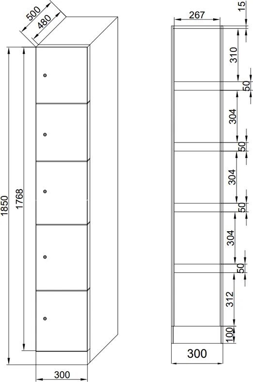 Szafka skrytkowa S1, 5 schowków, 1850 x 300 x 500 mm, zamek cylindryczny, drzwi niebieskie