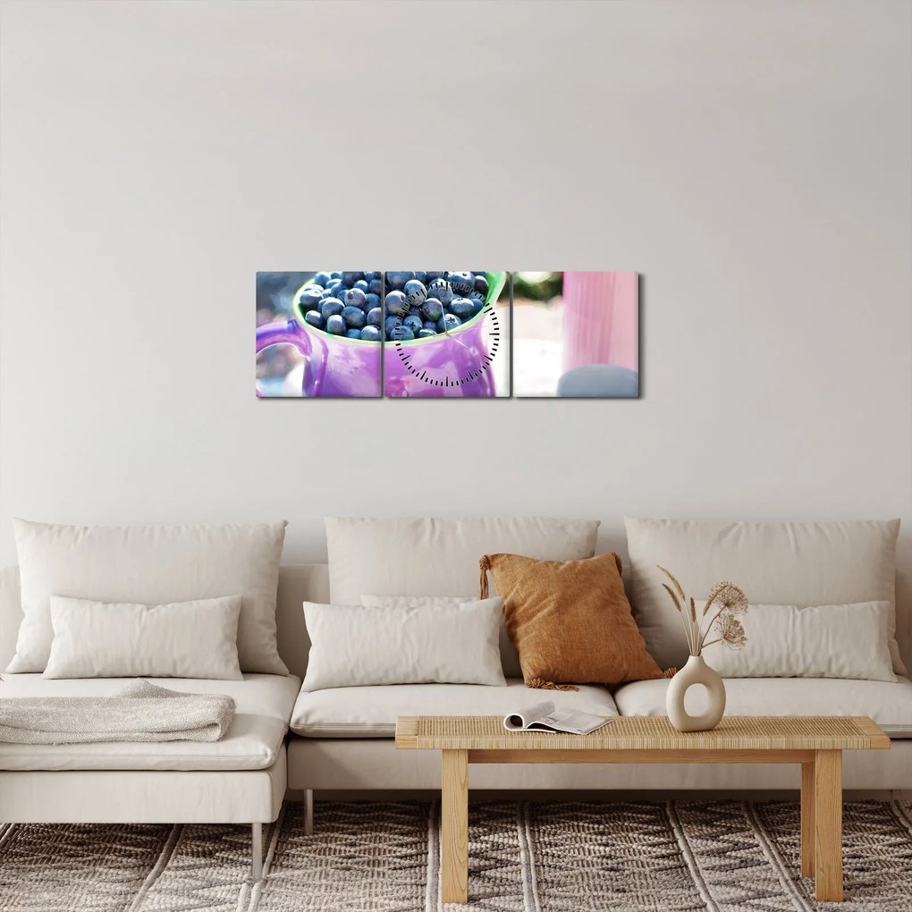 Obraz - jagody w filiżance (z zegarem) (90x30 cm)