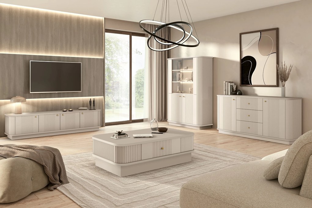 Witryna Vesper 103 cm czterodrzwiowa na cokole - kaszmir / złote uchwyty