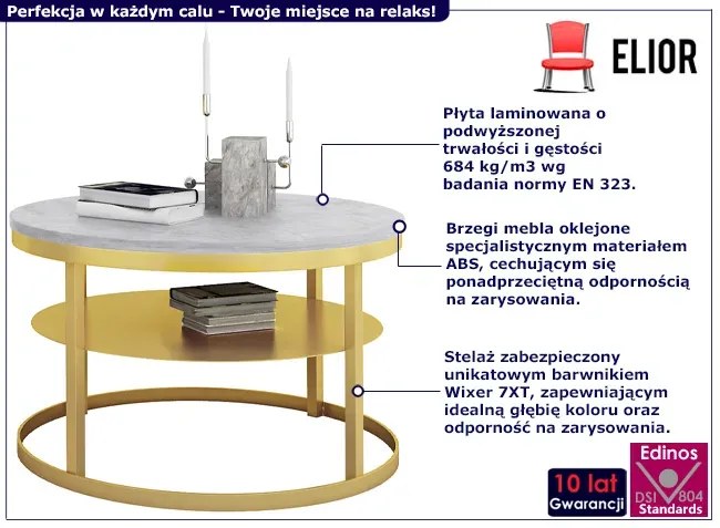 Okrągły stolik kawowy w stylu glamour złoty + beton - Selpa 3X