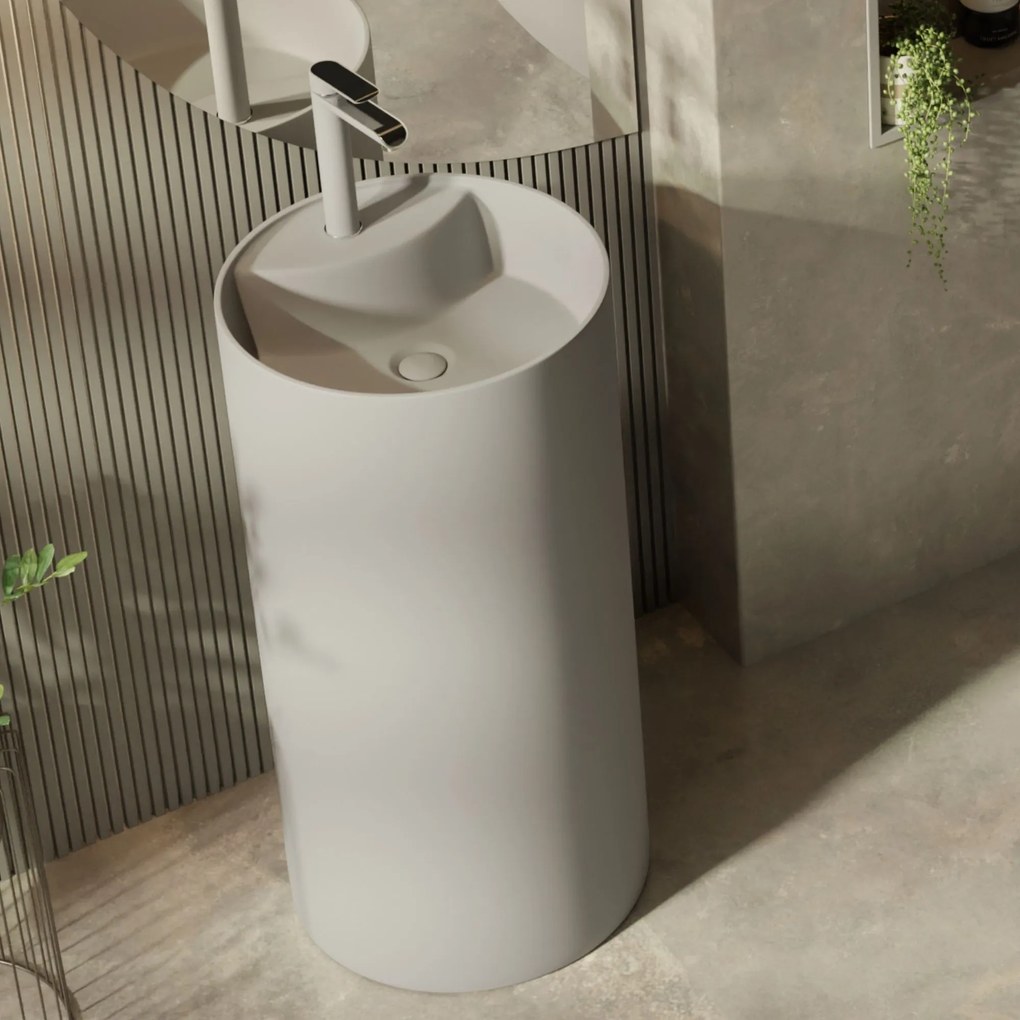 Umywalka z konglomeratu wolnostojąca okrągła szara matowa 87 x 44 cm KALMI GREY MATT z otworem na baterię : Podłączenie syfonu - Do ściany