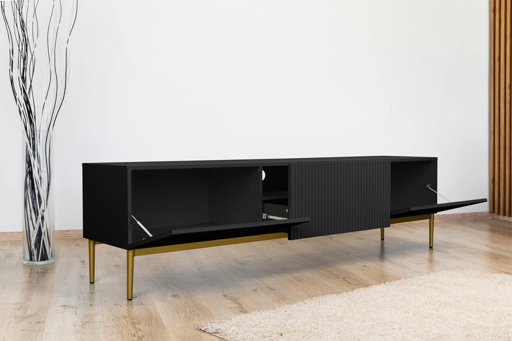 Szafka RTV Nicole 200 cm na metalowych nogach z szufladą - czarny mat / złote nóżki