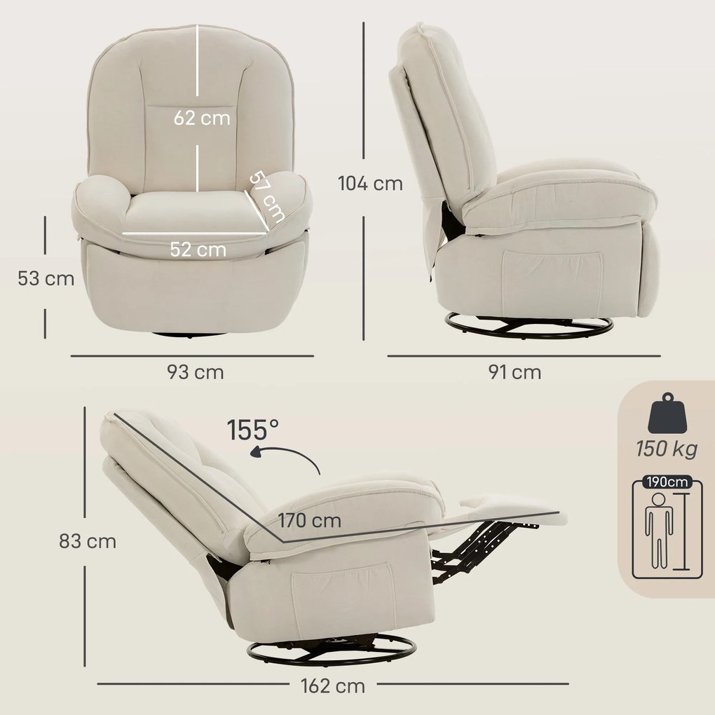 HOMCOM Fotel Relaksacyjny, Obracany Fotel z Funkcją Kołysania i Rozkładania, Głębokie Siedzisko, Grube Oparcie, Łatwy Montaż, Kremowy | Aosom PL
