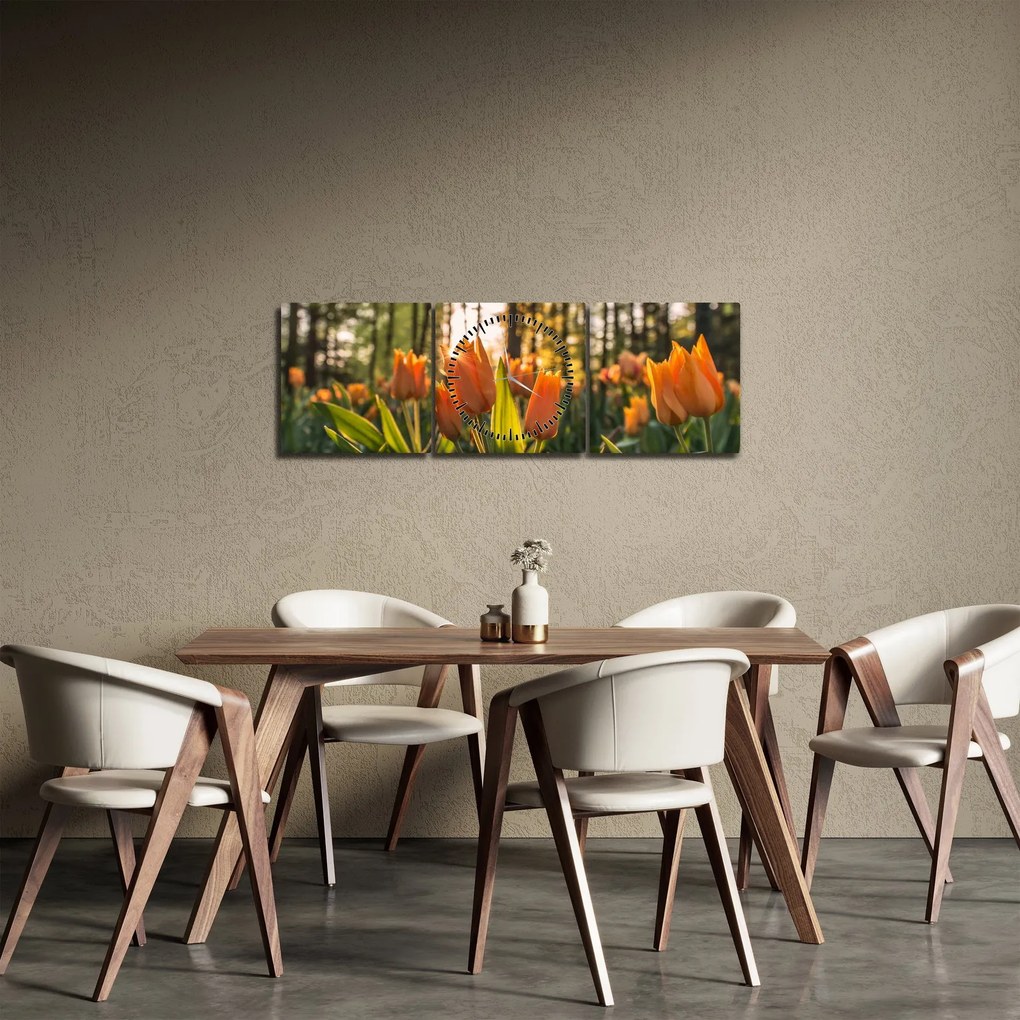 Obraz - pomarańczowe tulipany (z zegarem) (90x30 cm)