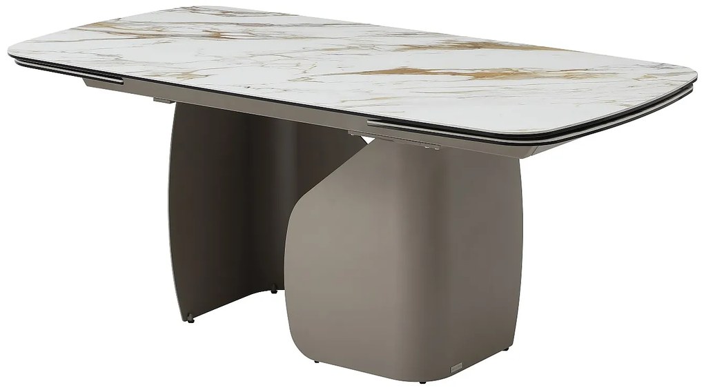 Rozkładany stół jadalniany dla 6–10 osób z ceramiki, hartowanego szkła i metalu w kolorze taupe – efekt białego marmuru – CAMUVO od Maison Céphy.