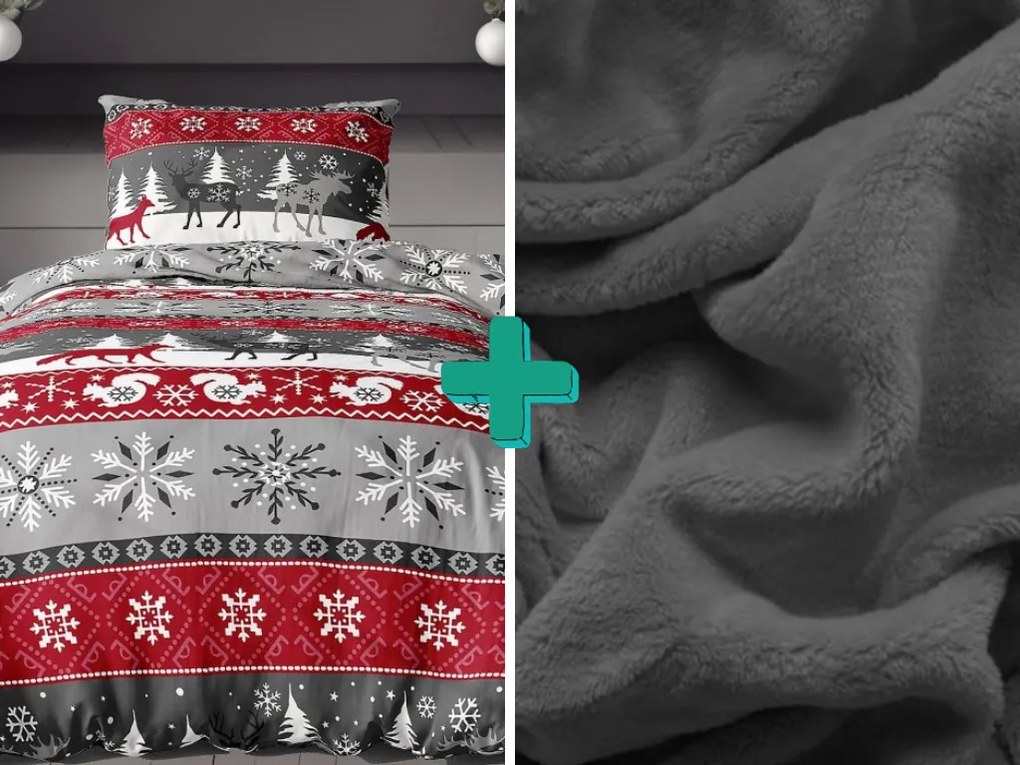PrzytulneMieszkanie.pl PrzytulneMieszkanie.pl PrzytulneMieszkanie.pl Pościel flanelowa SNOWY FOREST szara + prześcieradło z mikropluszu SOFT 90x200 cm ciemnoszare