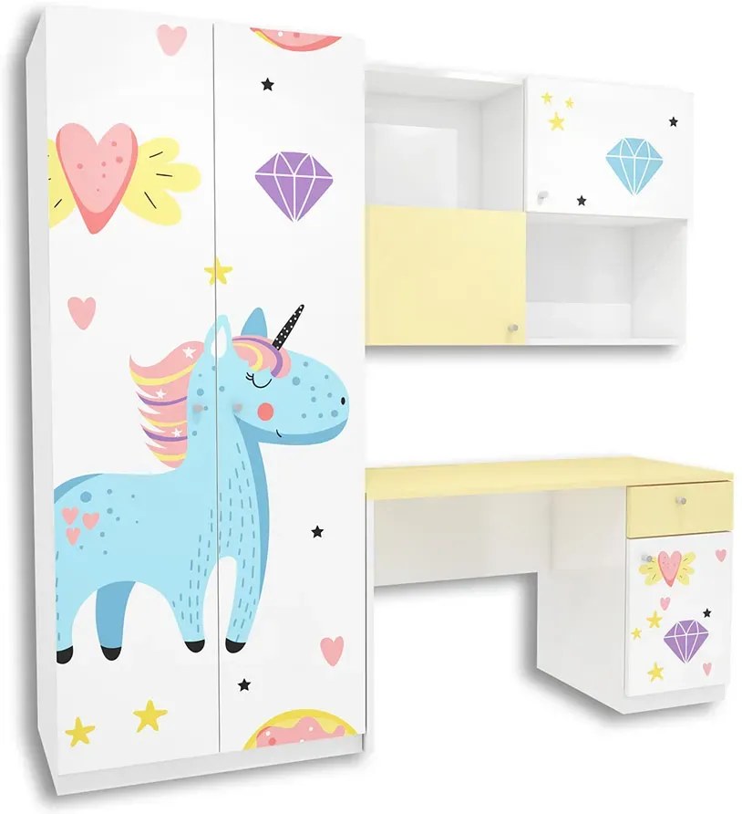 Biało-żółty komplet mebli dziecięcych z biurkiem R1-K35